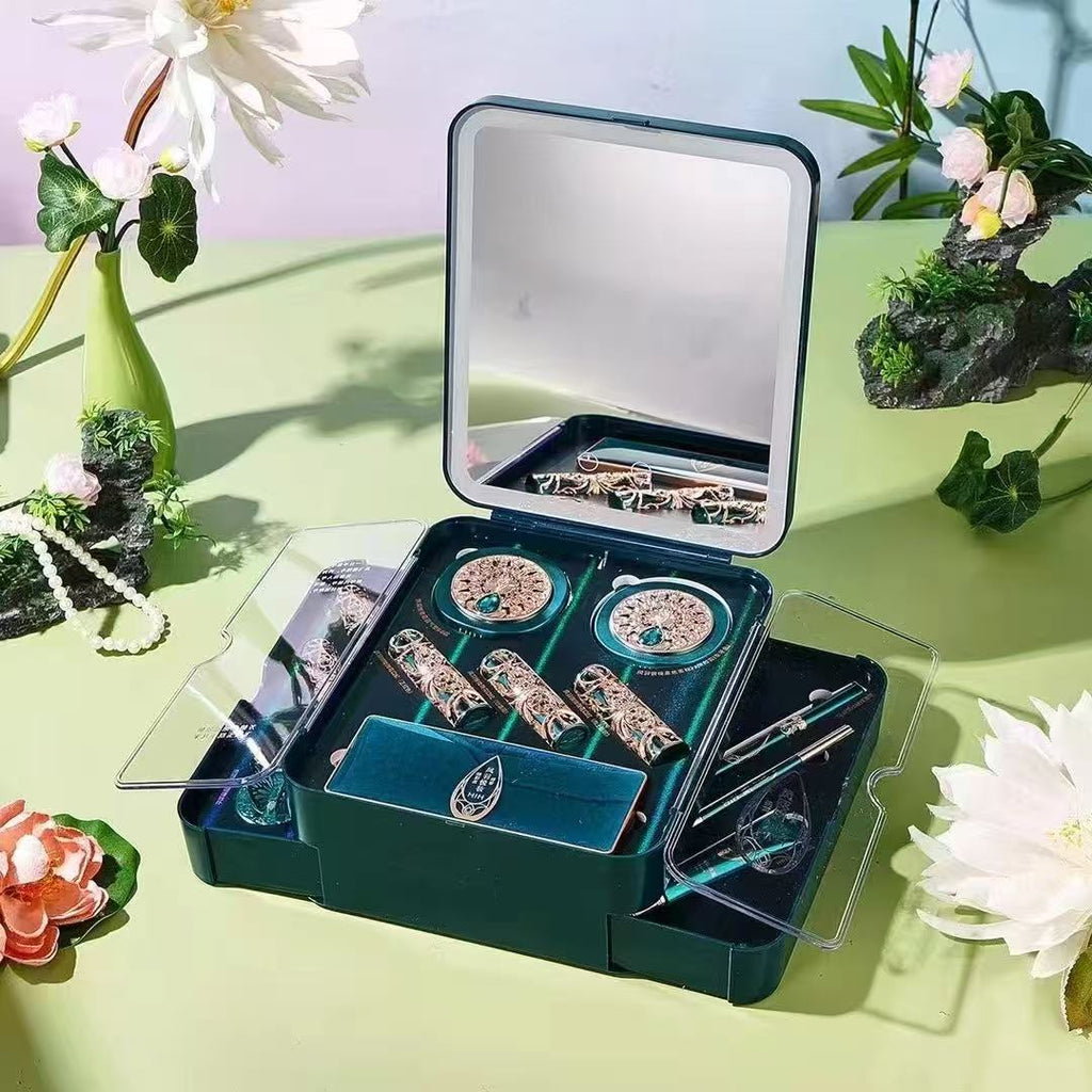 HIH 24‑Pcs Chinese Peacock Embossed Makeup Gift Set, Full Face Cosmetic Kit with Lipstick, Eyeshadow, Cushion BB & Makeup Brushes, Luxury Holiday Gift for Women