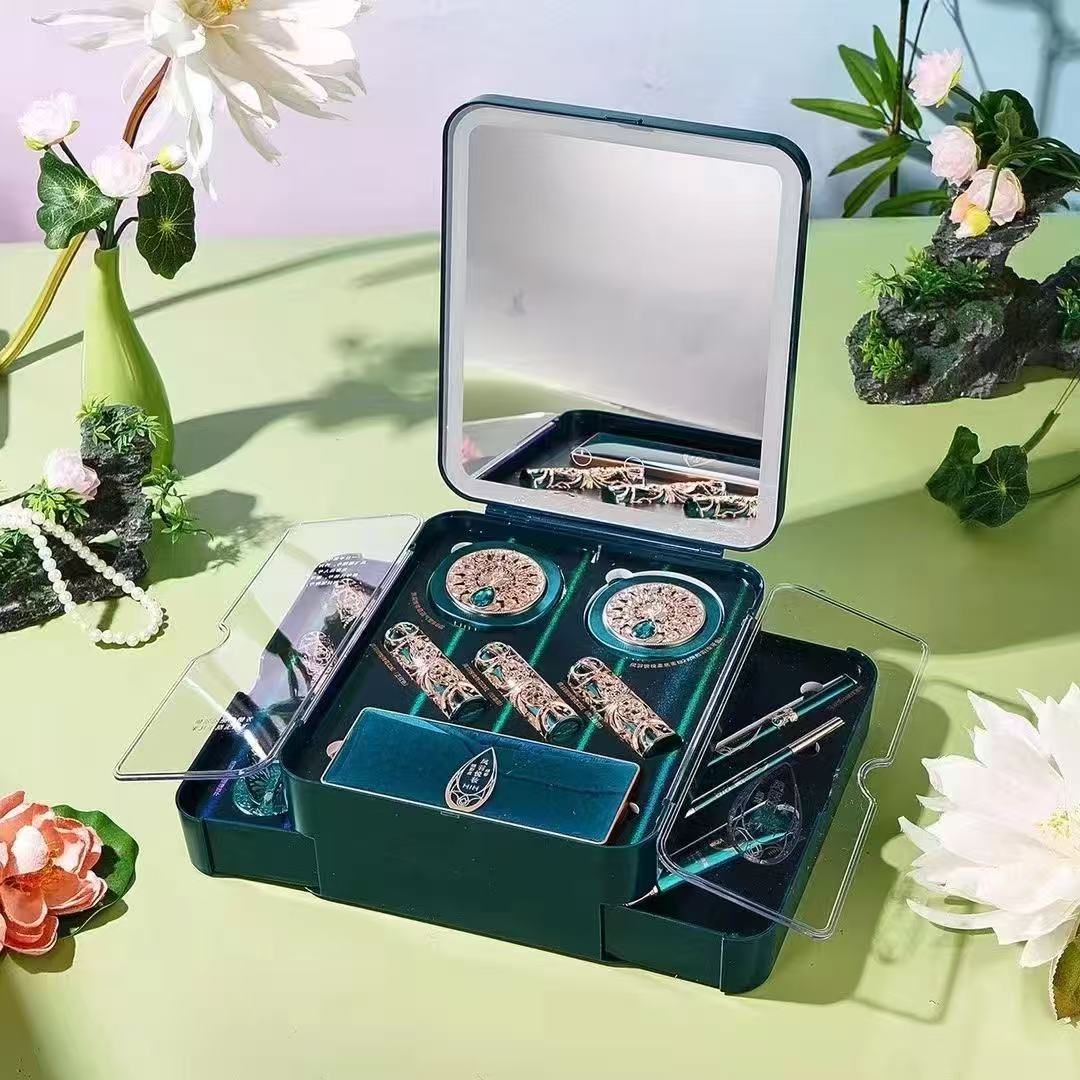 HIH 24‑Pcs Chinese Peacock Embossed Makeup Gift Set, Full Face Cosmetic Kit with Lipstick, Eyeshadow, Cushion BB & Makeup Brushes, Luxury Holiday Gift for Women