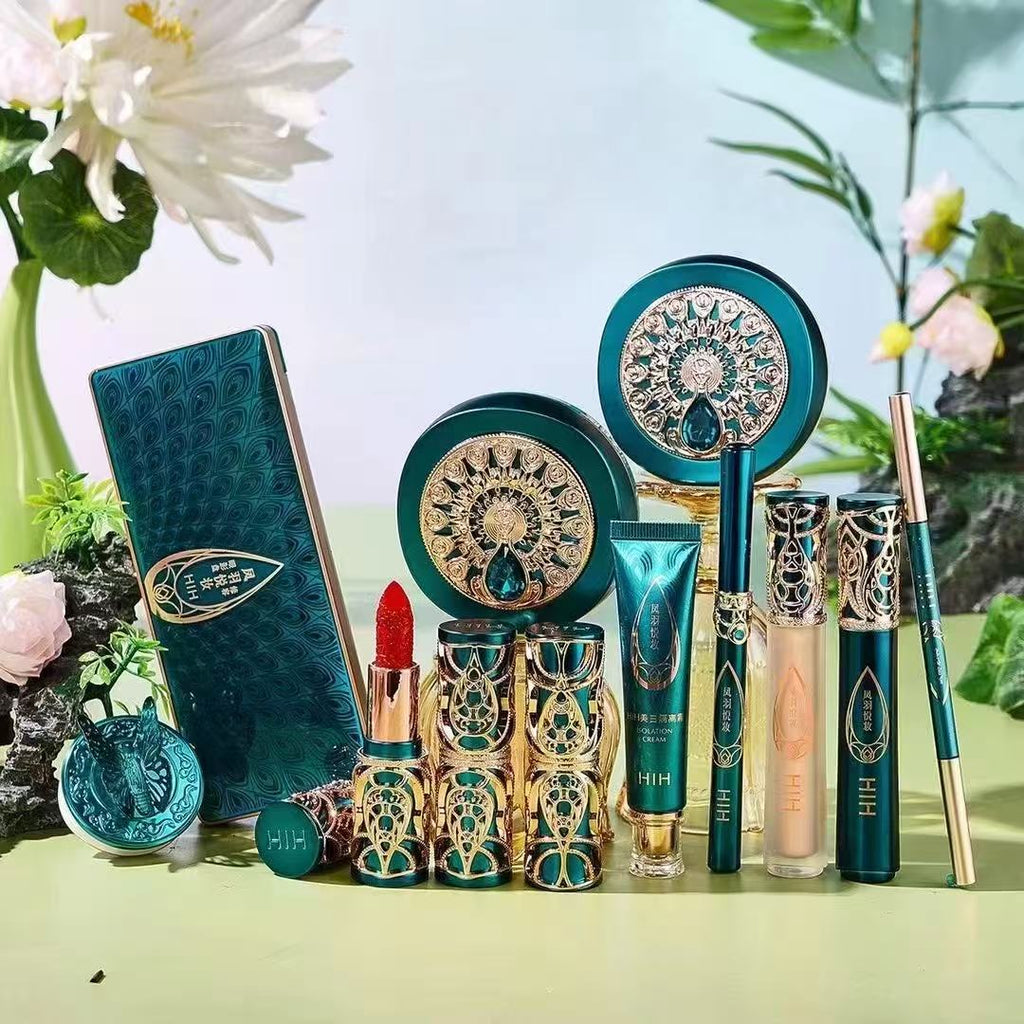 HIH 24‑Pcs Chinese Peacock Embossed Makeup Gift Set, Full Face Cosmetic Kit with Lipstick, Eyeshadow, Cushion BB & Makeup Brushes, Luxury Holiday Gift for Women