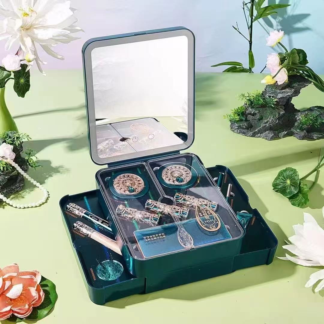 HIH 24‑Pcs Chinese Peacock Embossed Makeup Gift Set, Full Face Cosmetic Kit with Lipstick, Eyeshadow, Cushion BB & Makeup Brushes, Luxury Holiday Gift for Women