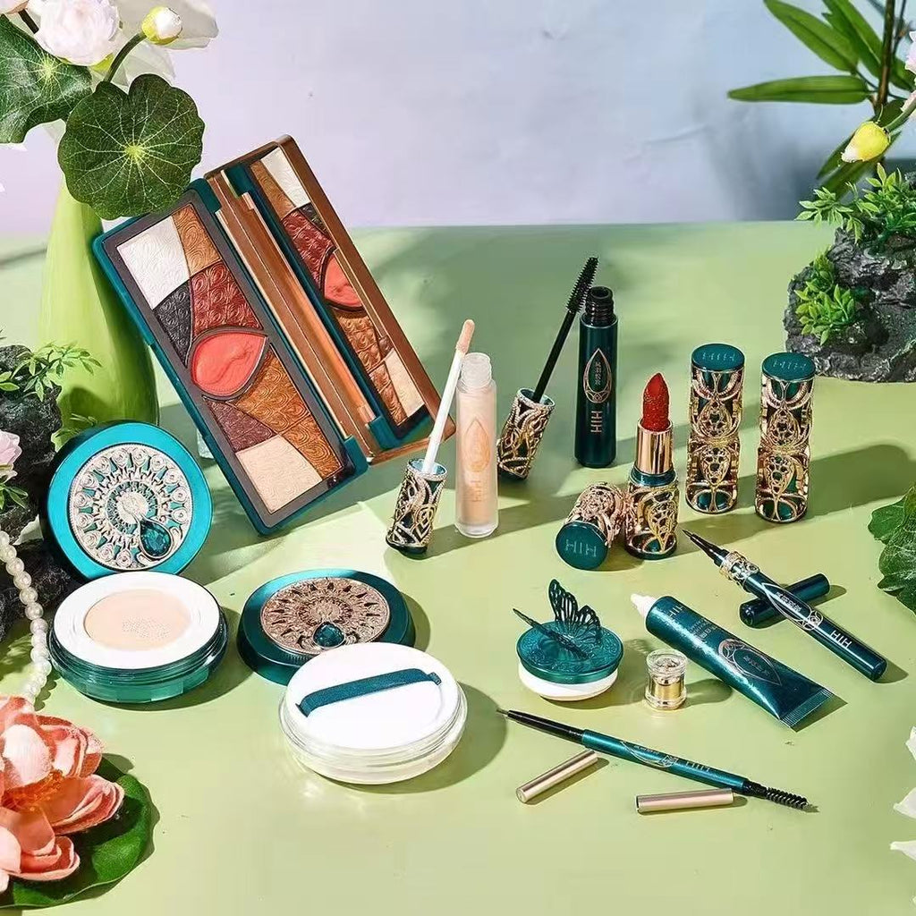 HIH 24‑Pcs Chinese Peacock Embossed Makeup Gift Set, Full Face Cosmetic Kit with Lipstick, Eyeshadow, Cushion BB & Makeup Brushes, Luxury Holiday Gift for Women