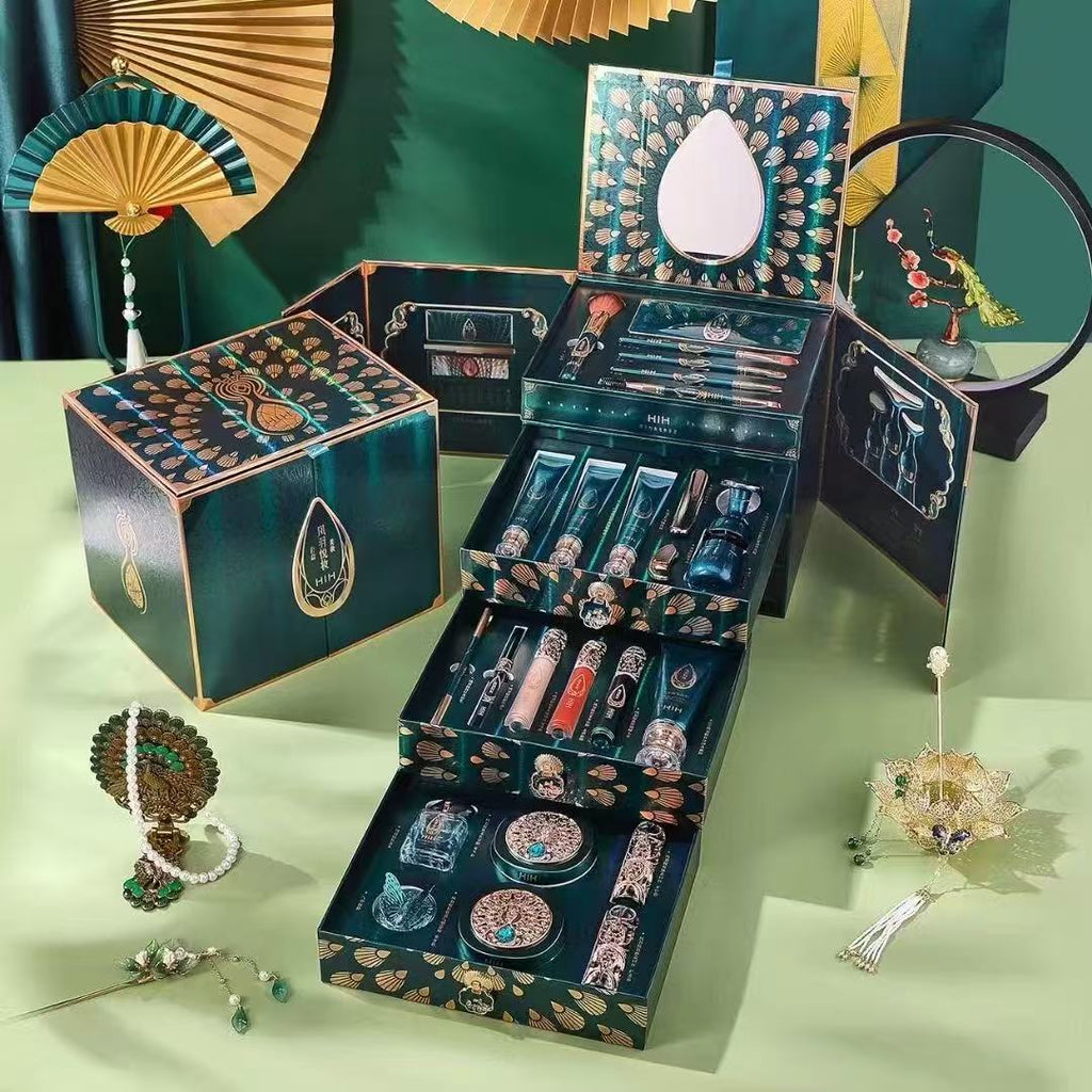 HIH 24‑Pcs Chinese Peacock Embossed Makeup Gift Set, Full Face Cosmetic Kit with Lipstick, Eyeshadow, Cushion BB & Makeup Brushes, Luxury Holiday Gift for Women