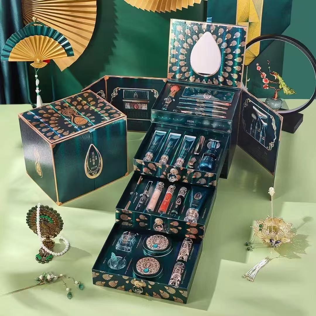HIH 24‑Pcs Chinese Peacock Embossed Makeup Gift Set, Full Face Cosmetic Kit with Lipstick, Eyeshadow, Cushion BB & Makeup Brushes, Luxury Holiday Gift for Women