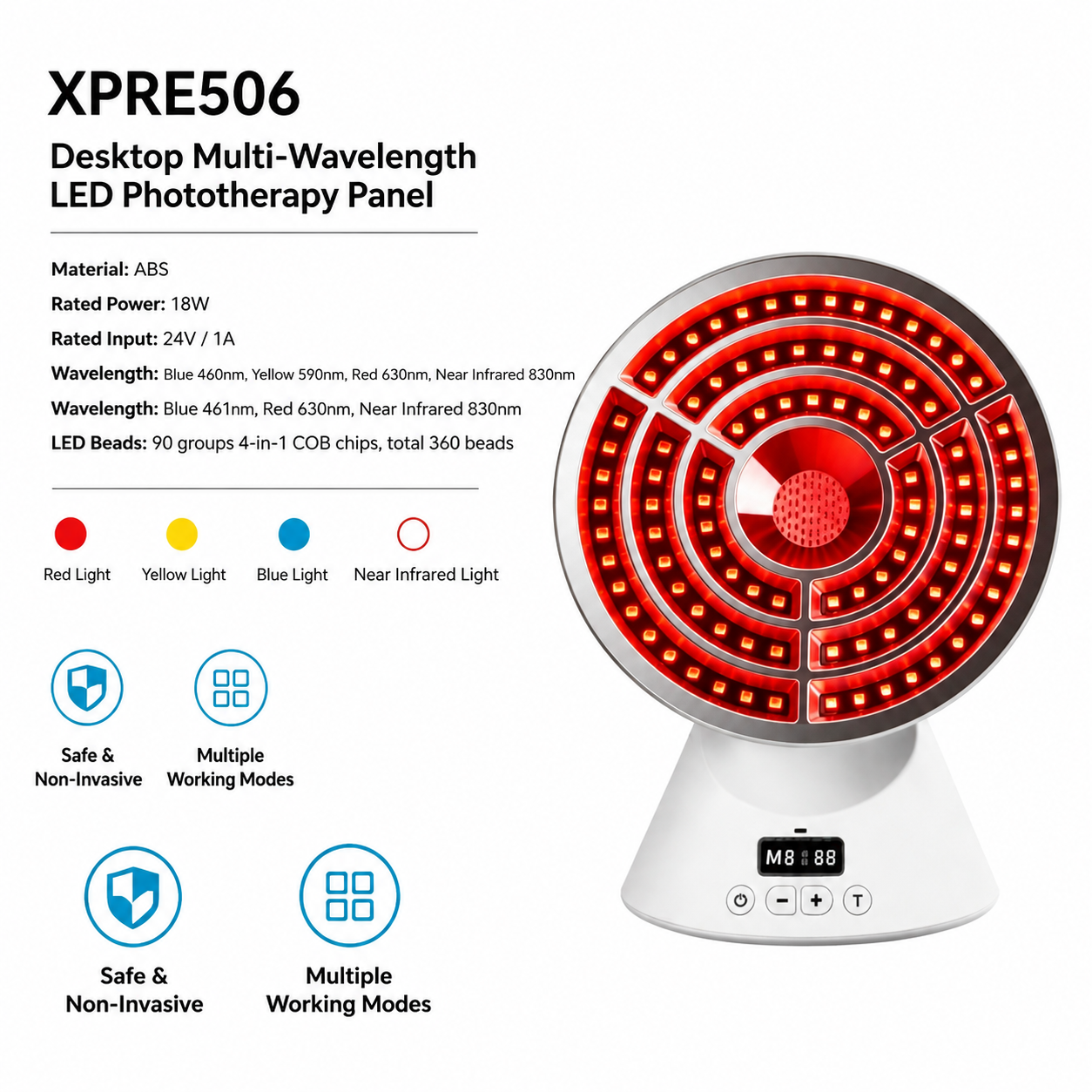 XPRE506 Round 360pcs COB Full Face Light Therapy Panel 4 Colors Red Blue Yellow Infrared Home Facial Mask Light